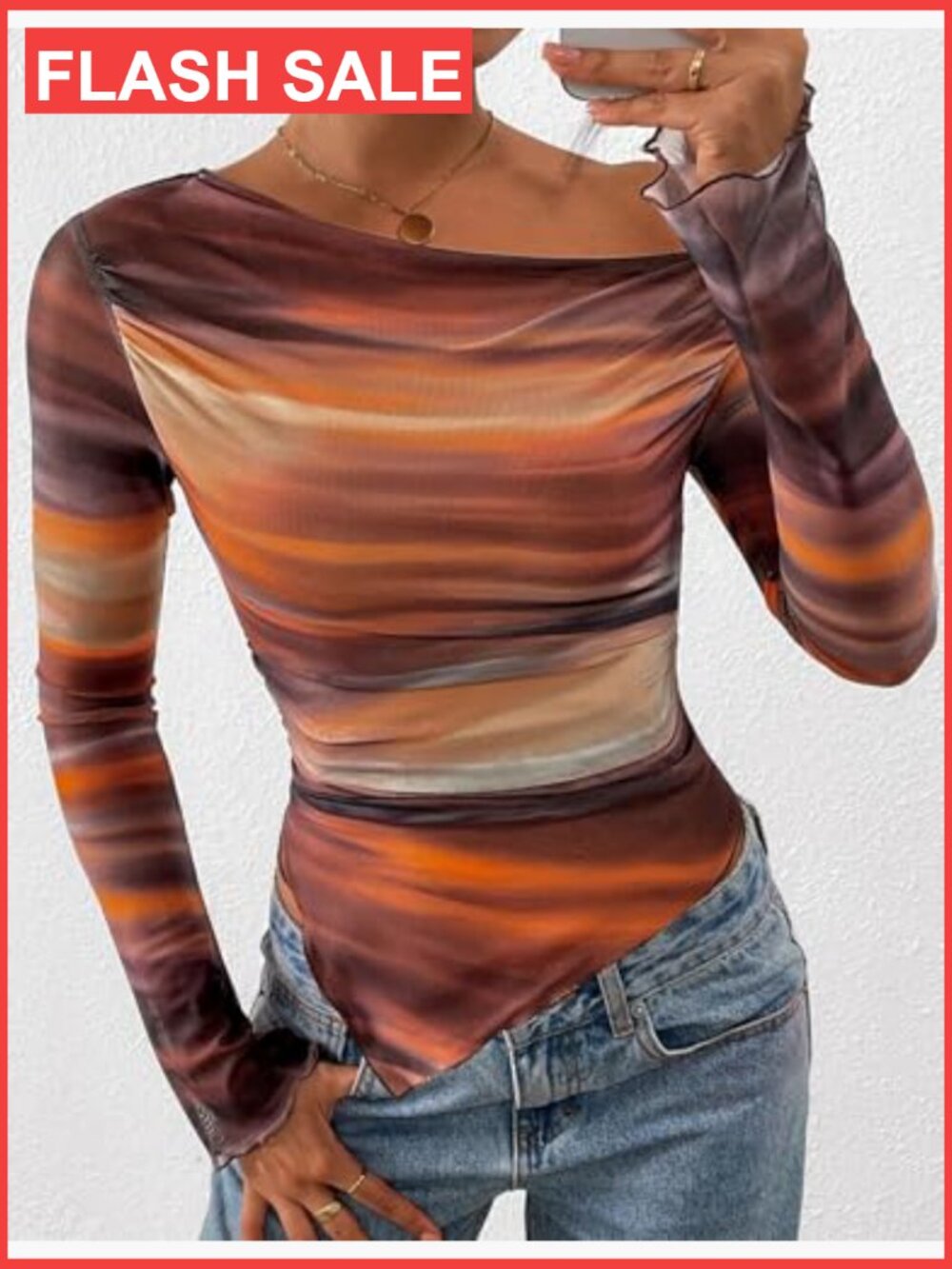 Slim Fit Off Shoulder Mesh Blouse Long Sleeve Asymmetrical Ruched Top - Picture 3 of 7
